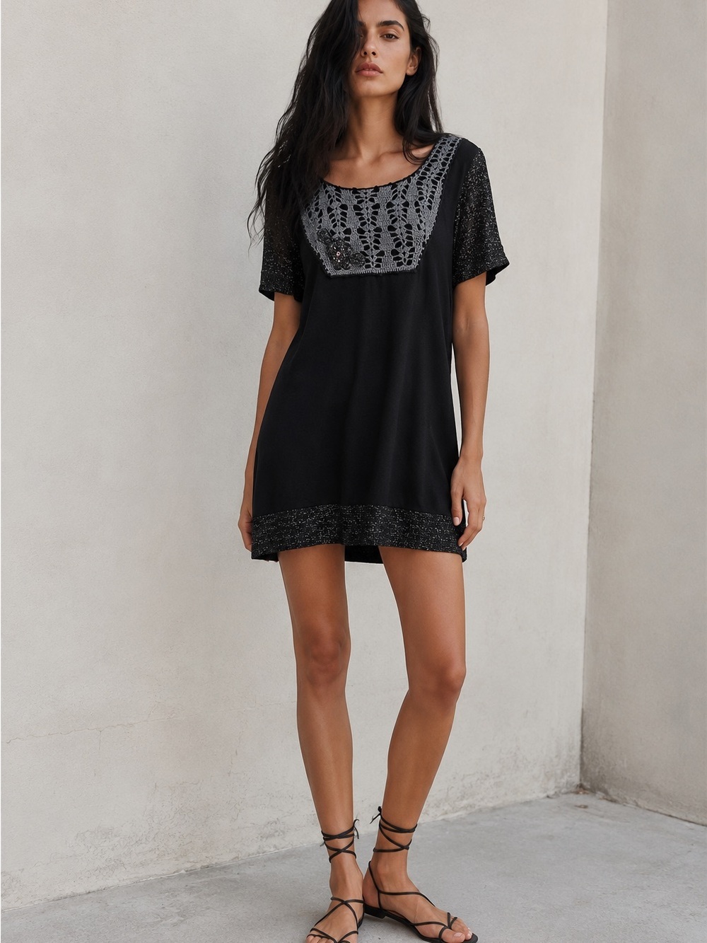 PURA VIDA Black Crochet Knit Tunic Dress | Shimmer Trim | Boho Chic